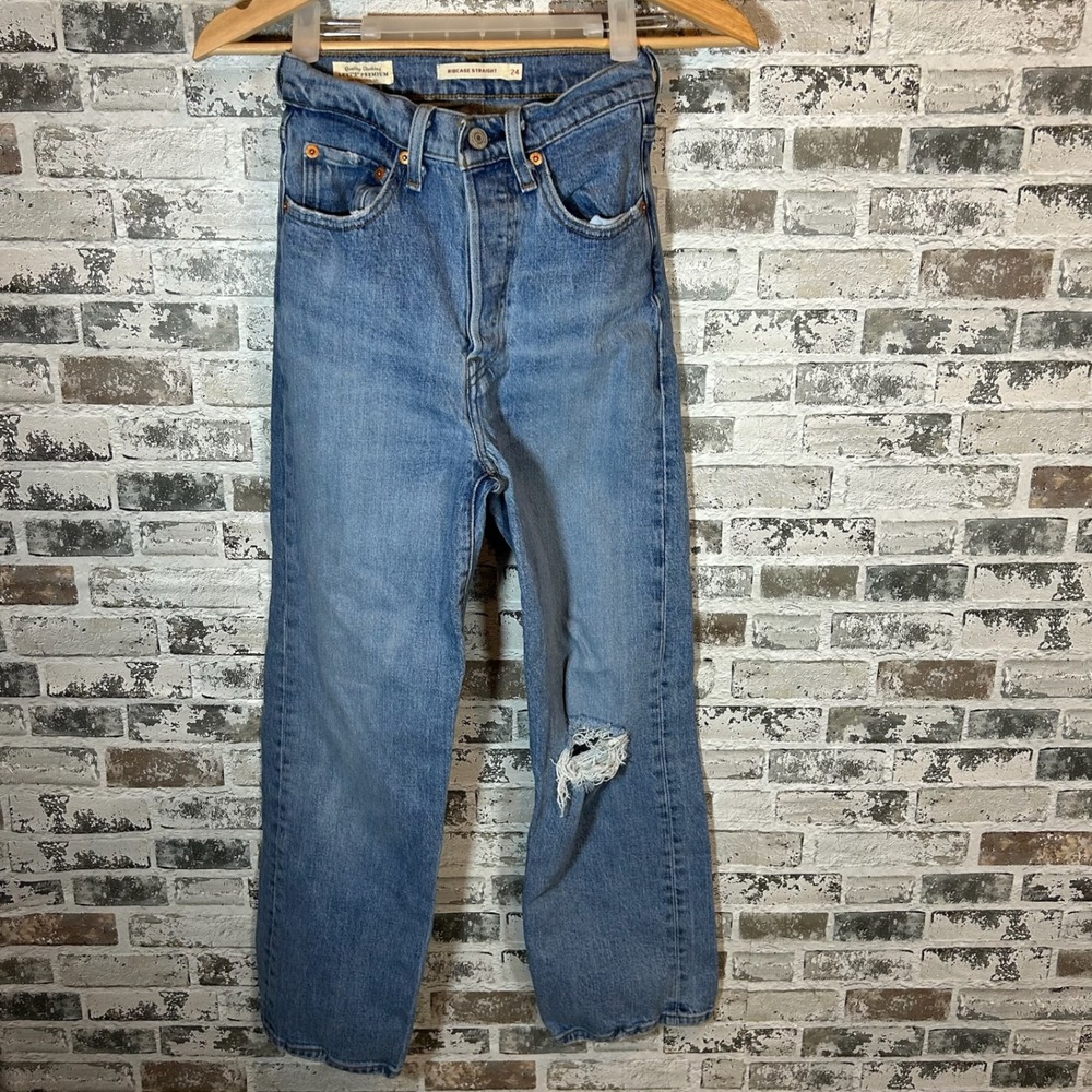 Levis Premium Ribcage Straight Jeans Womens 24 Medium Wash Distressed Ultra High